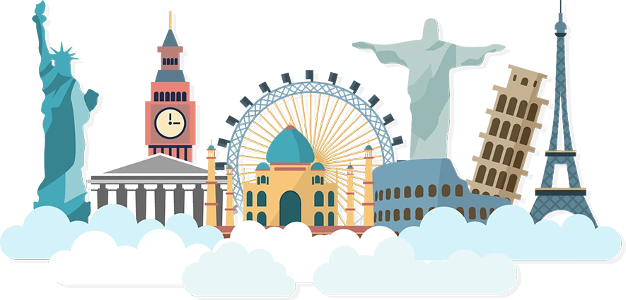 Pontos turísticos do mundo em cima de algumas nuvens. Desenho.